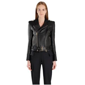 Balmain Paris Perfecto Leather Moto Jacket Size 46 Large Black Lambskin